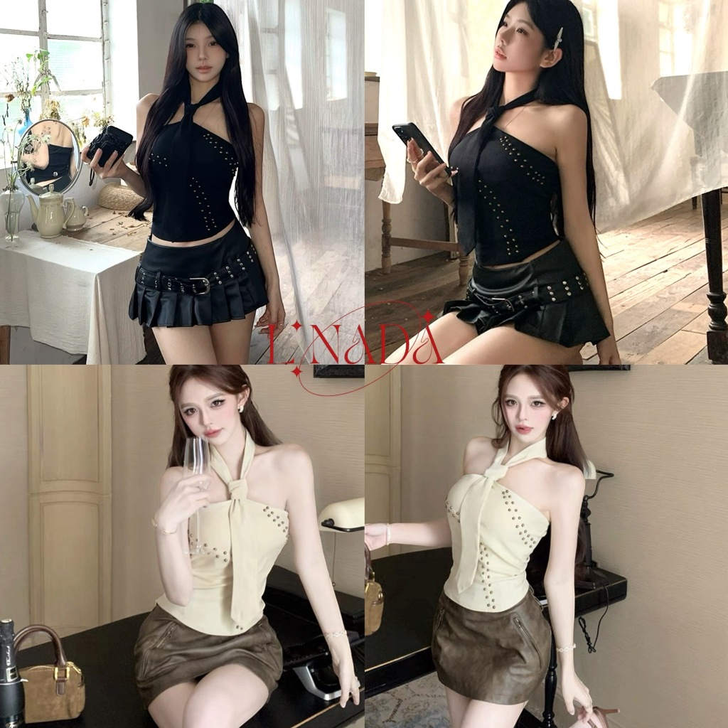 L'NADA【พร้อมส่ง】เสื้อเกาะอกคล้องคอแบบเนคไท สีพื้นเปิดหลังแต่งลูกปัด มี2สี