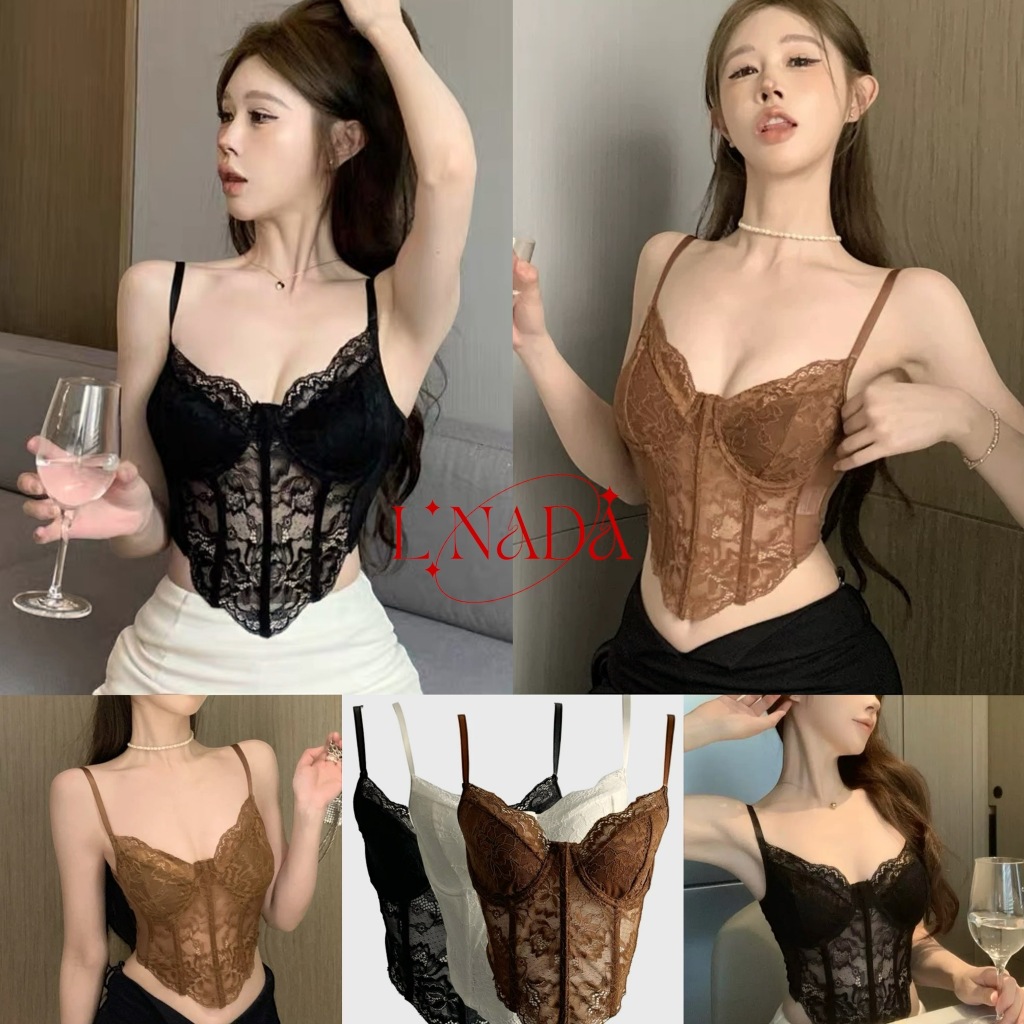 L'NADA【พร้อมส่ง】เสื้อคอเซ็ทลูกไม้ สีพื้น มี2สี งานกระแส