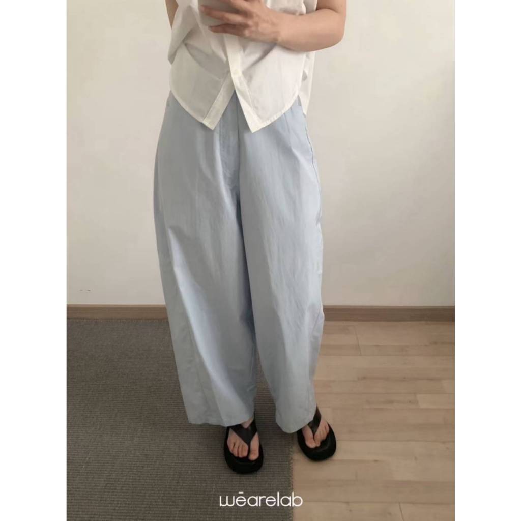 กางเกงบาร์เรลขาโค้งผ้าคอตตอน FINE PLAIN COTTON BACK ELASTIC BARREL PANTS