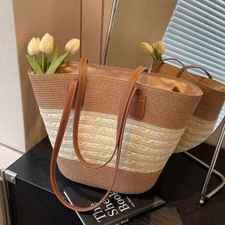 Cicishop(A137) กระเป๋าสานทอ ใบใหญ่ สะพานข้าง ใส่ของได้เยอะ พกพาง่ายใส่ไปทะเลหรือไปเที่ยววันหยุด