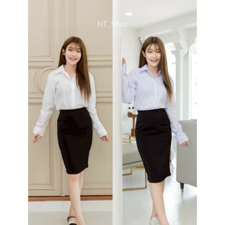 เสื้อนักศึกษาแขนยาวผู้หญิง[สีขาวนวล/สีขาวโอโม่]เข้ารูปหลังโล่ง(ผ้าคอมทวิว)รอบอก”32-48”