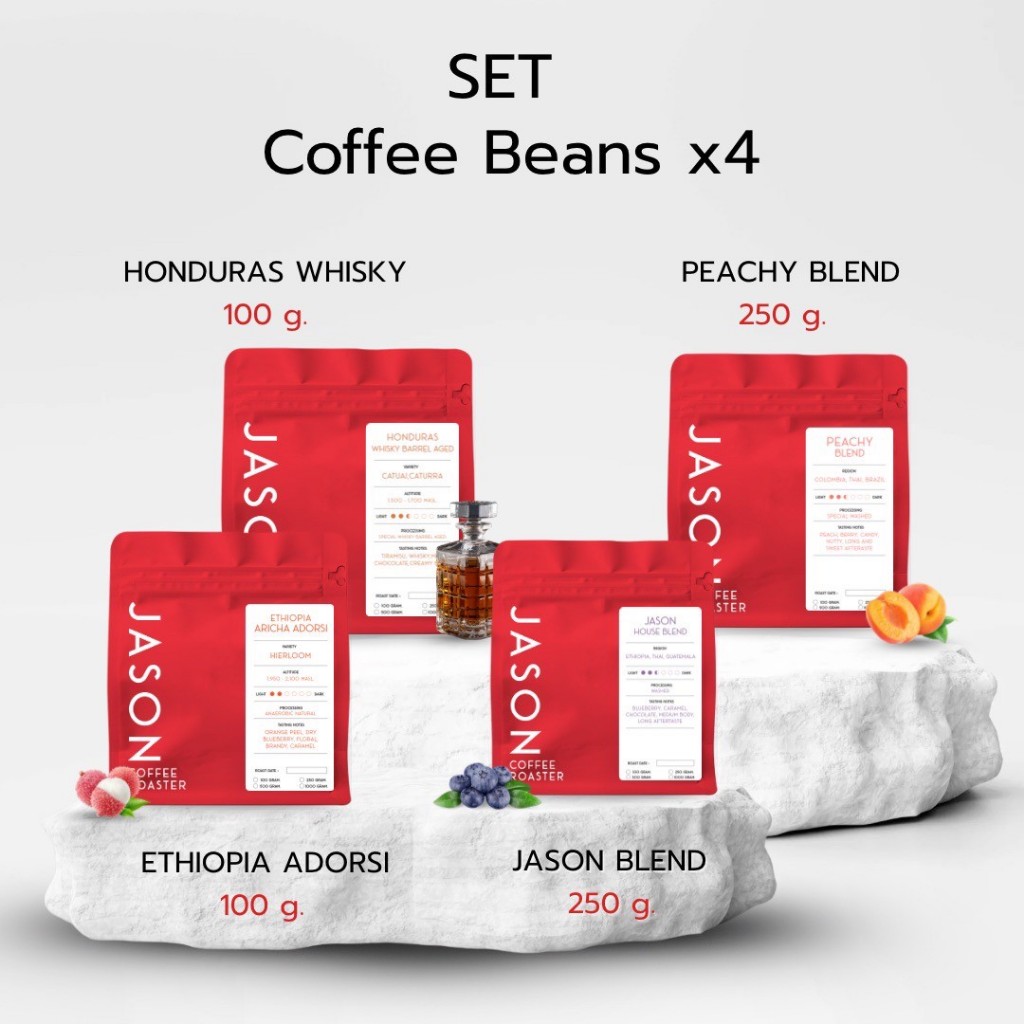 [โปรโมชั่นจ่าย1ได้ถึง4] เมล็ดกาแฟคั่ว PEACHY,JASON,HONDURASWhisky,ADORSI มีวาร์ลอากาศ ถุงซิปอย่างดี