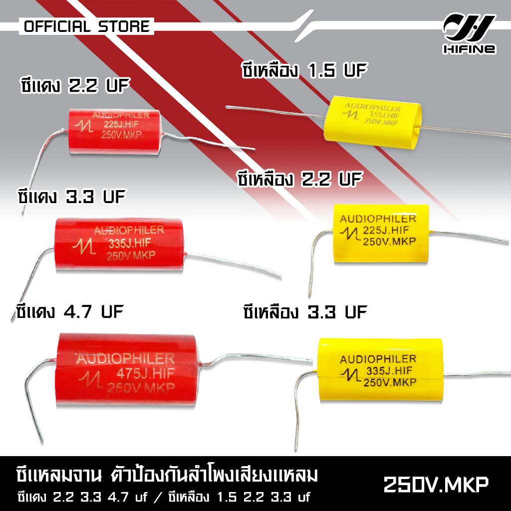 HIFINE ซีแหลมจานตัวป้องกันลำโพงเสียงแหลม 250V.MKP มีหลายขนาดซีแดง2.2/3.3/4.7UF ซีเหลือง1.5/2.2/3.3UF