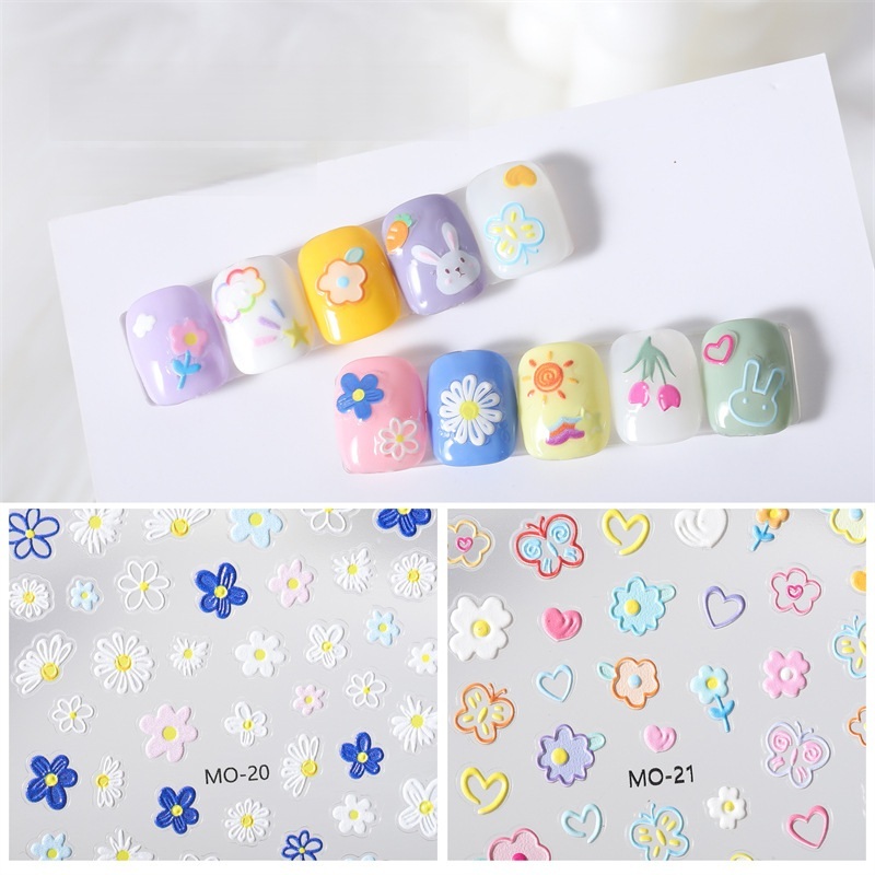 สติ๊กเกอร์ติดเล็บลายดอกไม้ 3D ใหม่ รหัส MO สติ๊กเกอร์ติดเล็บสามมิติแบบบางและโปร่งใส ลายกระต่าย