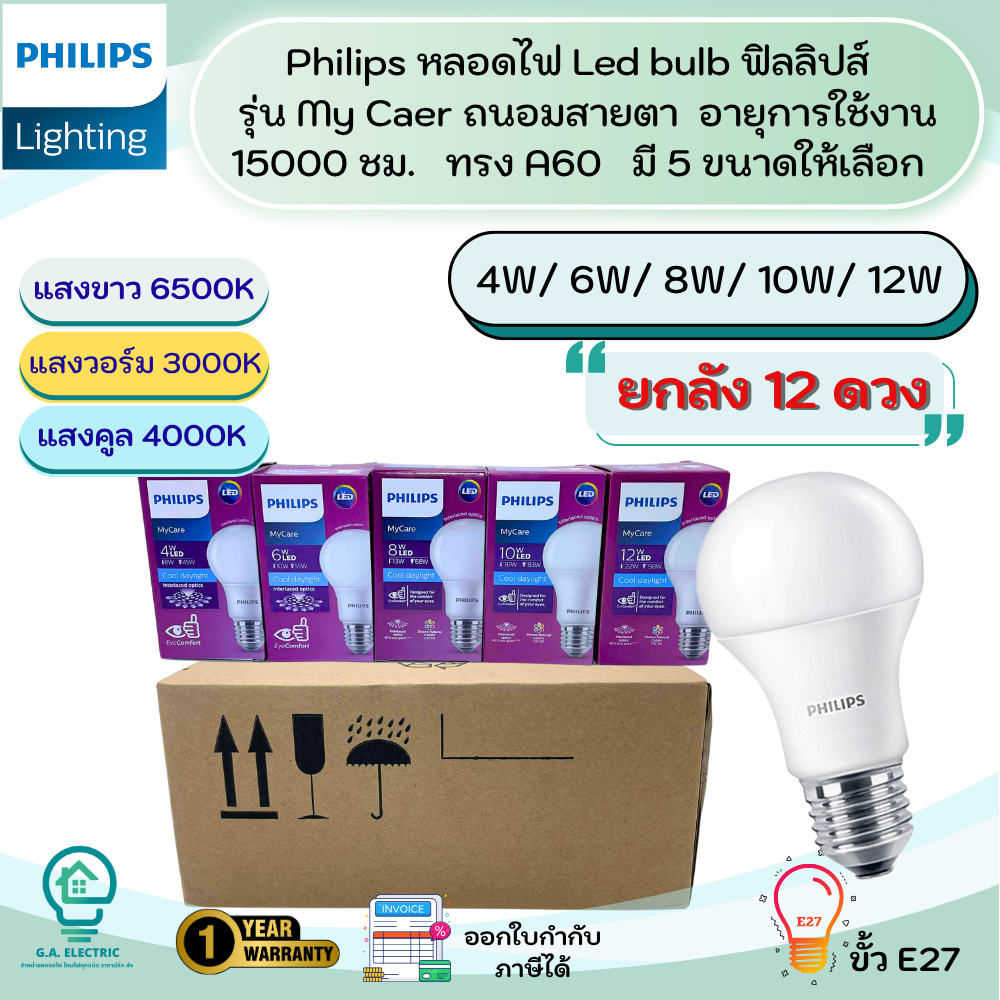 [ยกกล่อง 12 ดวง] Philips หลอดไฟ LED Bulb  ฟิลลิปส์ ขนาด 4W 6W 8W 12W 14.5W ขั้ว E27  รุ่น Mycare ถนอมสายตา