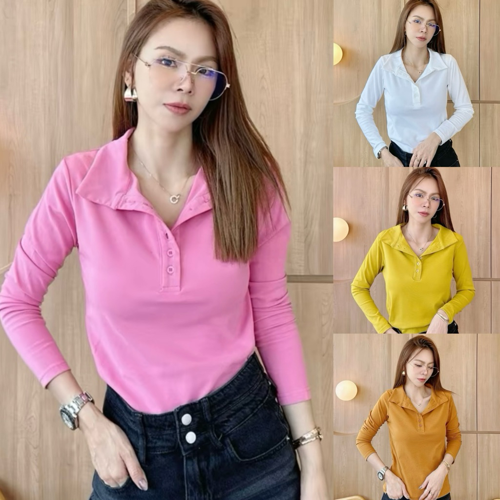 111-112 เสื้อยืดแขนยาว คอปก แต่งกระดุม ผ้าCotton supersofeมูจิ