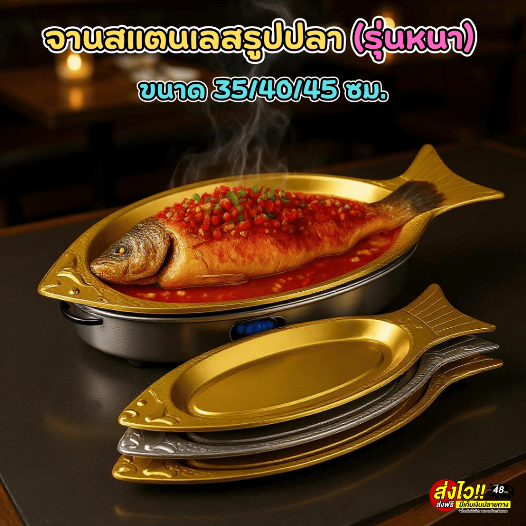 จานปลาวงรี (รุ่นหนา) จานนึ่งปลา สีเงิน/ทอง ขนาด35/40/45ซม.แข็งแรงทนร้อน เรียบหรู เกรดโรงแรม