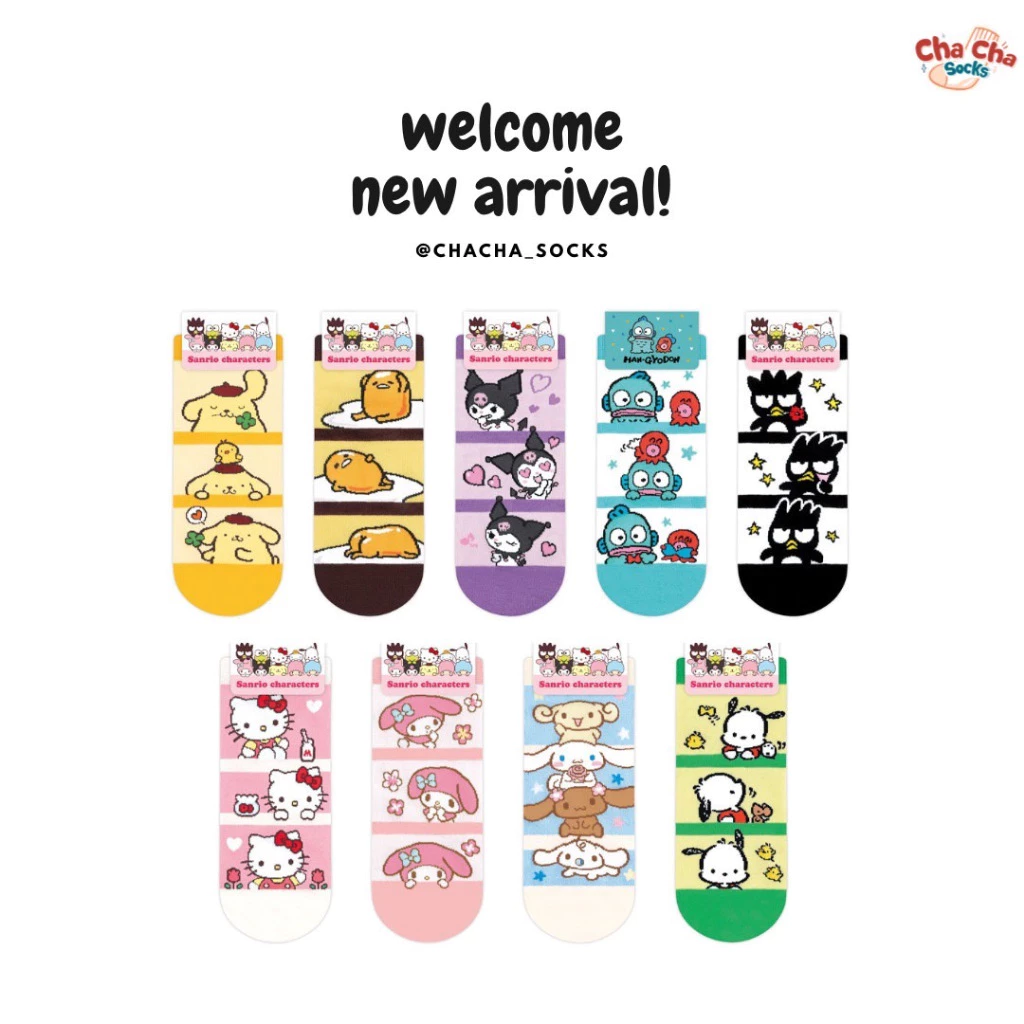 Chacha socks - ถุงเท้าซานริโอ้ Sanrio Comic ankle socks ถุงเท้าข้อสั้น ถุงเท้าเกาหลี แบรนด์ kikiya นำเข้าจากเกาหลี