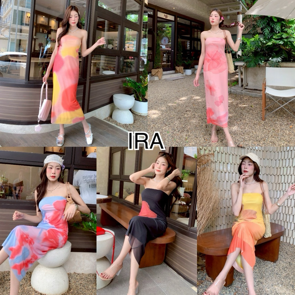 BY IRA ชุดเดรสเกาะอก ลายดอก มีกันลื่นให้รอบอก ซับในตามสียาวทั้งตัว ผ้าใส่สบายมากกกก
