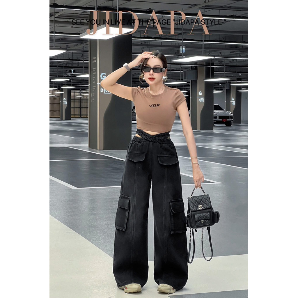 ชุดเซตยีนส์สีดำเอวไขว้ขายาวเสื้อยืดน้ำตาล  งานป้าย Jidapa style SizeXL ***มือ1ป้ายห้อย