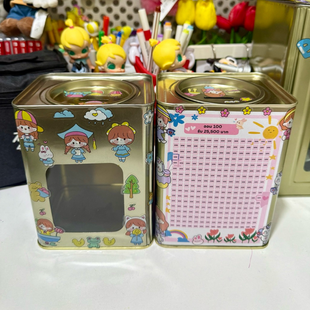 กระปุกออมสินปี๊บจิ๋ว สูง 15 cm (มีฝาหน้าต่าง) พร้อมตารางออม สติกเกอร์ ซองกันชื้น - รูปที่ 2