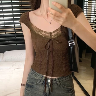 เสื้อยืดเซ็กซี่ แขนสั้น คอวีผ้าลูกไม้น่ารักผ้านิ่มใส่สบาย สวยเกร๋#A58