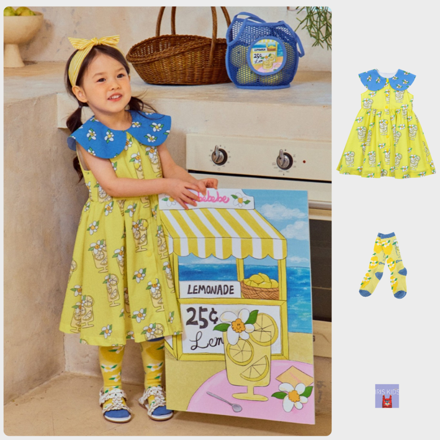 ชุดเดรสเด็กผู้หญิง IRIS KIDS bebe ลายเลมอนน่ารัก คอปกน้ำเงิน แขนกุด ใส่เที่ยว ถ่ายรูปสวย ผ้านิ่ม ระบายอากาศดี