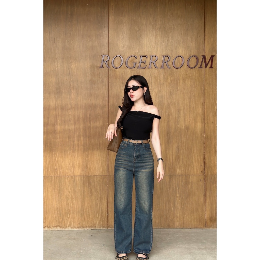 V15 กางเกงยีนส์สีสนิม ทรงกระบอกกลางเอวสูง ผ้ายีนส์ไม่ยืด Basic Jeans
