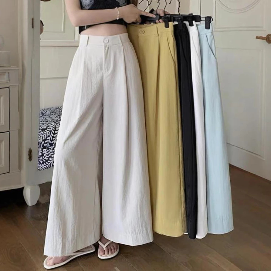 สีทึบ หลวม กางเกง ลำลอง ผู้หญิง กางเกง ตรง เอวยางยืด ทุกการแข่งขัน กางเกง ขากว้าง ตัด สไตล์เกาหลี