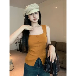 Cic(Z31) เสื้อไหมพรมแขนกุดคอเหลี่ยมแบบกั๊ก กระดุมหลอก ดีเทลแหวกด้านล่าง สไตล์ฝรั่งเศส