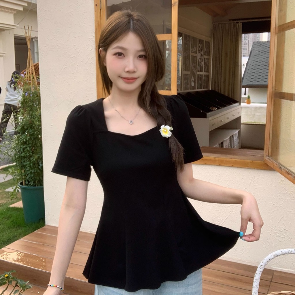 สีดำเสื้อผ้าผู้หญิงพลัสไซส์ Fat mm ฤดูร้อนใหม่เอวจับจีบชายเสื้อแขนสั้นเสื้อยืดคอเหลี่ยมด้านบนไหล่