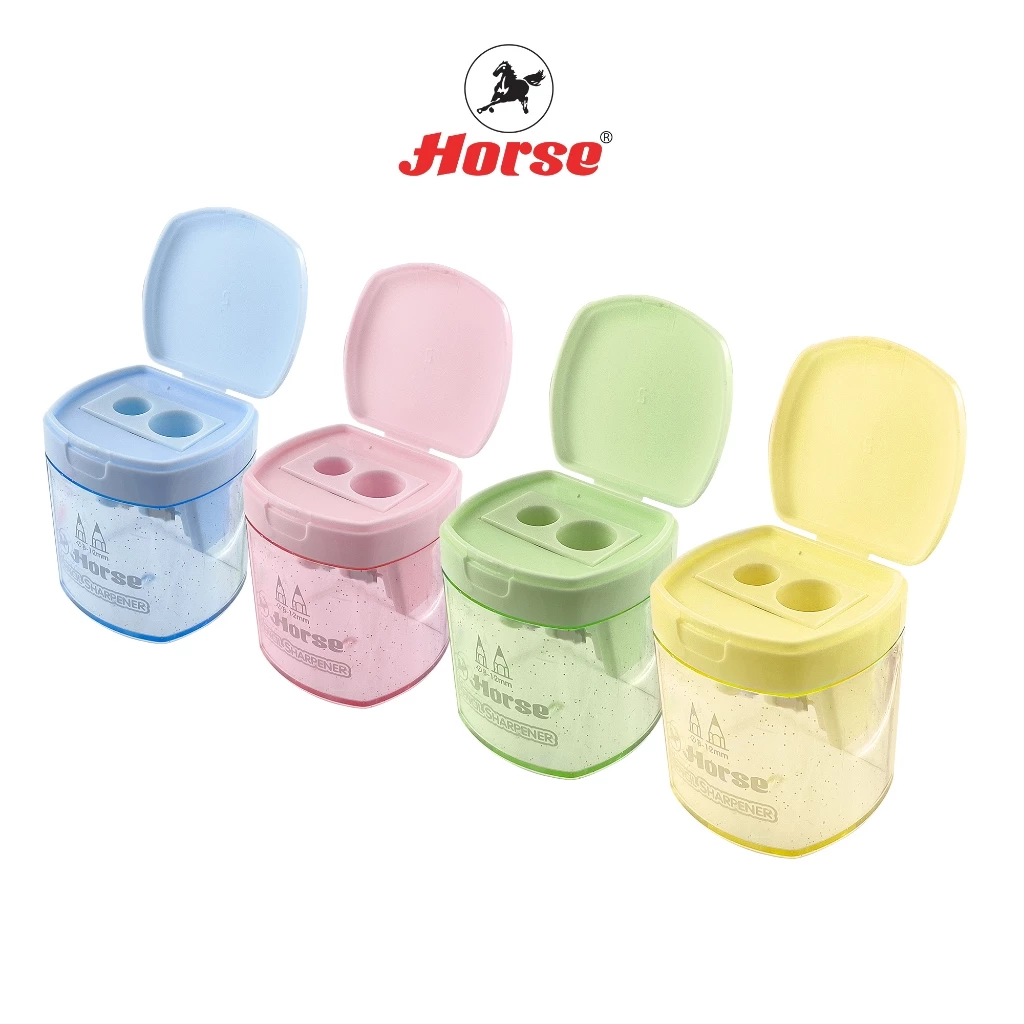 Horse ตราม้า กบเหลาดินสอ 2 รู พลาสติก H-860 ตราม้า แบบมีฝาปิด คละสี จำนวน 1 ตัว