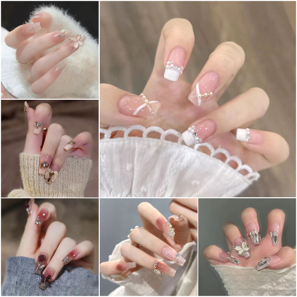 【24 ชิ้น】เล็บปลอม ประดับไข่มุก พลอยเทียม DIY สไตล์ฝรั่งเศส สําหรับตกแต่งเล็บ 24 ชิ้น