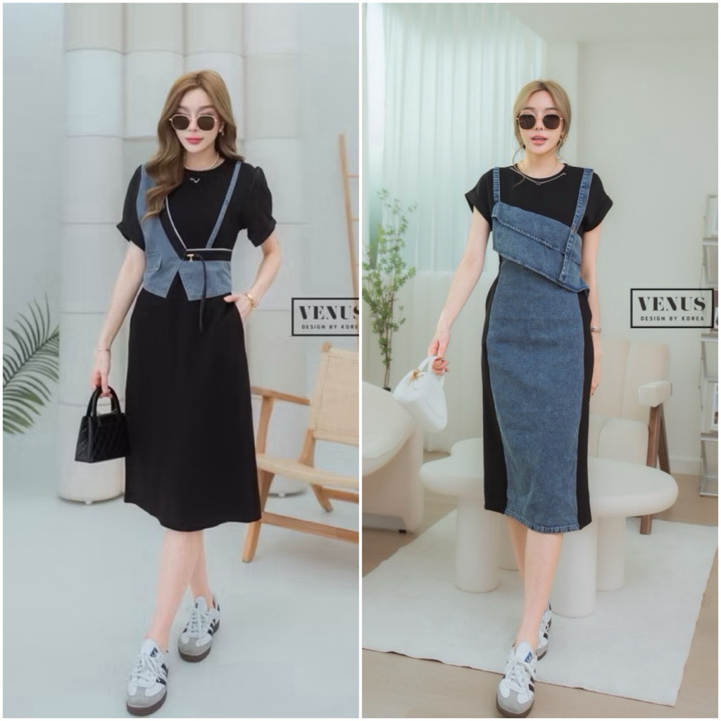 เดรสกระโปรงยีนส์ตัวยาว ตัดเเต่งเสริมผ้ายีนส์ ทรงเกาหลี (S-4XL)