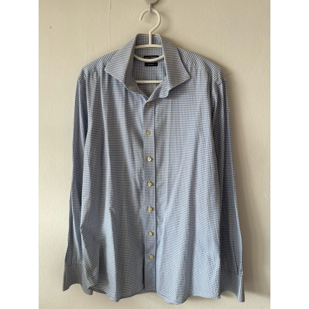 เสื้อเชิ้ตแขนยาว สีขาวฟ้า ลายตาราง Cafe Coton อก42-44 ยาว29 มือสองสภาพดี