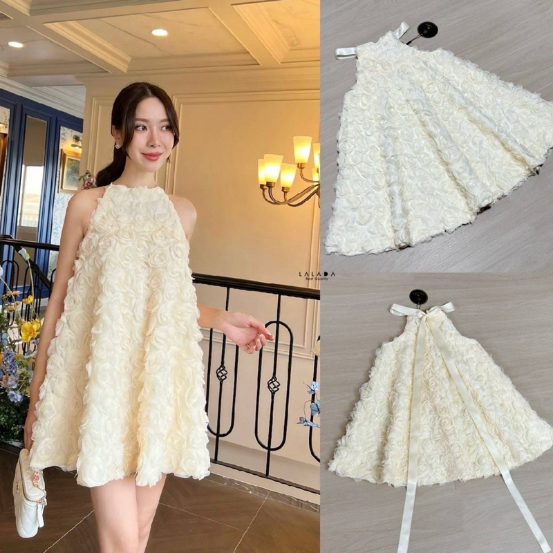 M9 งานป้าย Lalada Dress เดรสสั้นดอกไม้3Dซิปหลังแต่งโบว์ สำหรับผู้หญิง เสื้อผ้าแฟชั่นผู้หญิง ไซส์ Xs-L