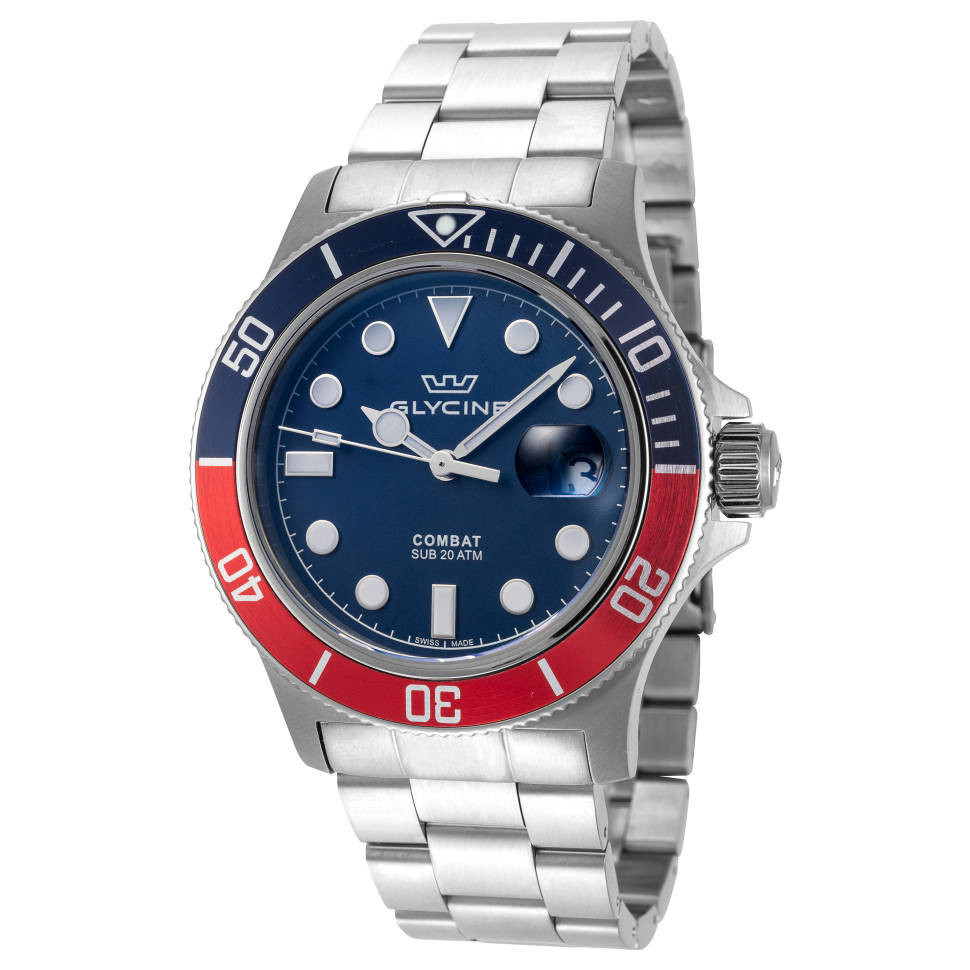 นาฬิิกา GLYCINE MEN'S GL1016 COMBAT QUARTZ PEPSI BEZEL BLUE DIAL STAINLESS STEEL WATCH 42 MM พร้อมกล