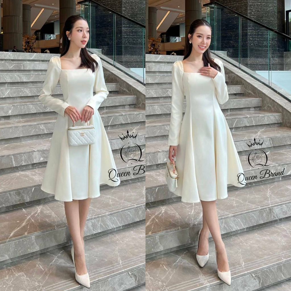 ร้านโค้ดคุ้ม Queen เดรสเเขนยาว คอเหลี่ยม สวยเรียบหรู ใส่ออกงาน ดินเนอร์ หมั้น งานบุญ งานบวข แฟนนาค