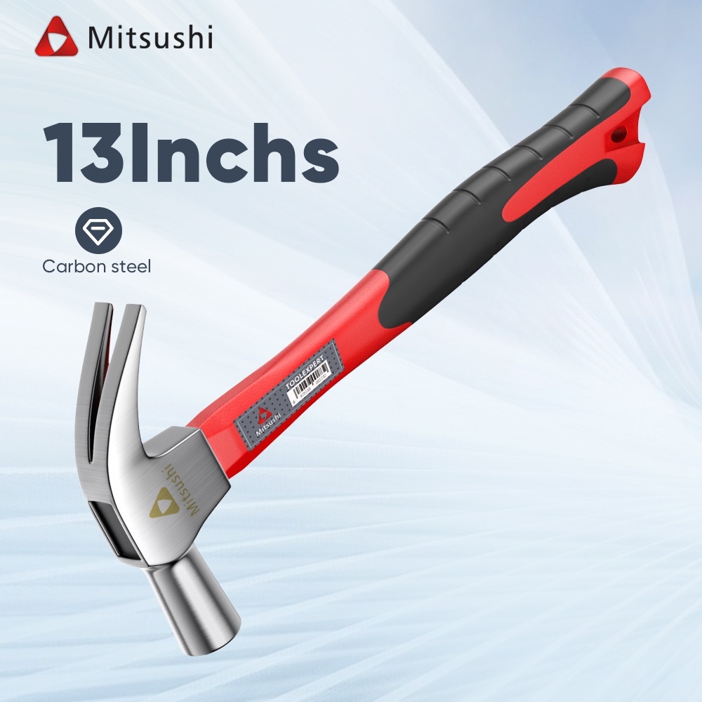 Mitsushi13นิ้ว ค้อนเหล็กกล้าคาร์บอนสูง ตอกตะปู ตีตะปู งัดตะปู ค้อนตอกตะปูด้ามหุ้มฉนวน  ด้ามเบกาไลท์ ค้อนอัดปูน