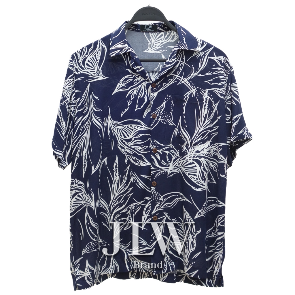 เสื้อฮาวาย ลายใบขีดขาว กรม ผ้านิ่ม M L XL Oversize คอฮาวาย JLW BRAND