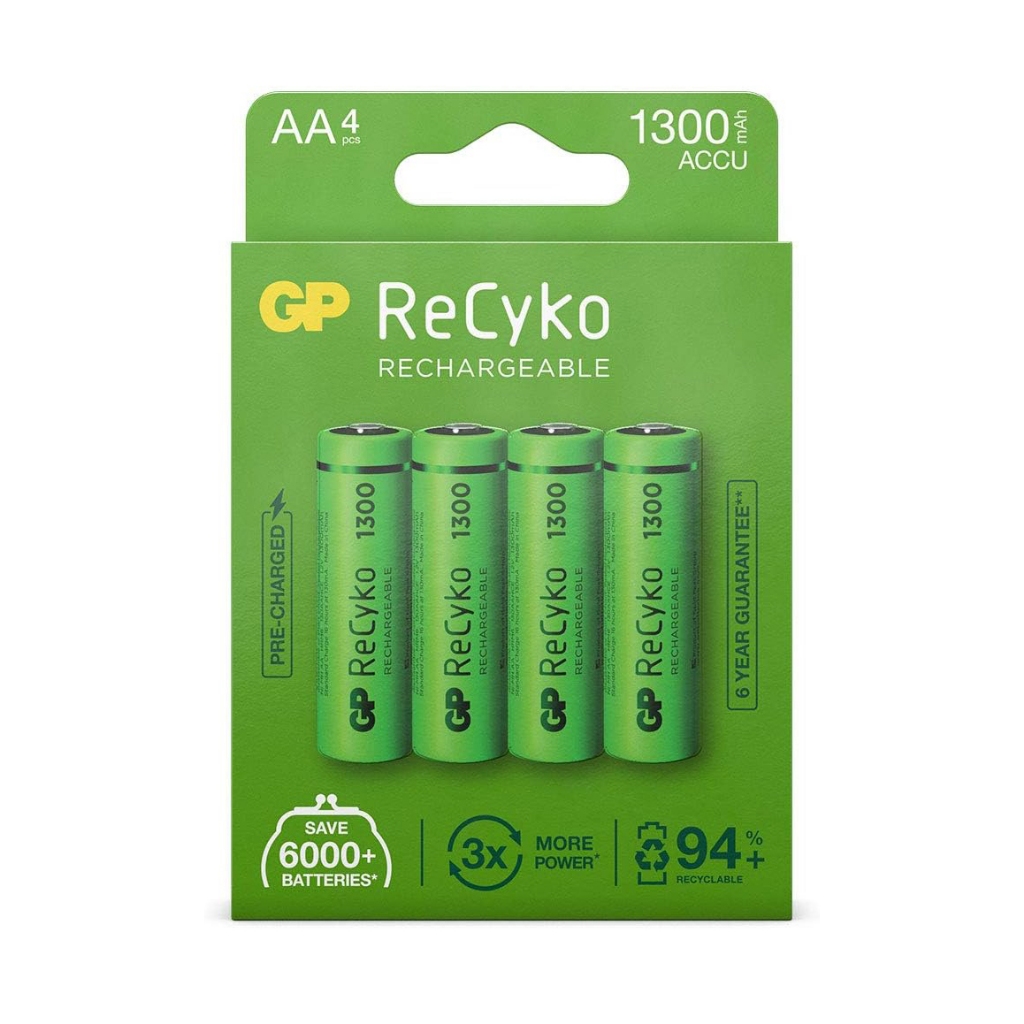 GP Rechargeable Battery ReCyko AA 1300mAh ถ่านชาร์จ (Pack-2,Pack-4) ของแท้