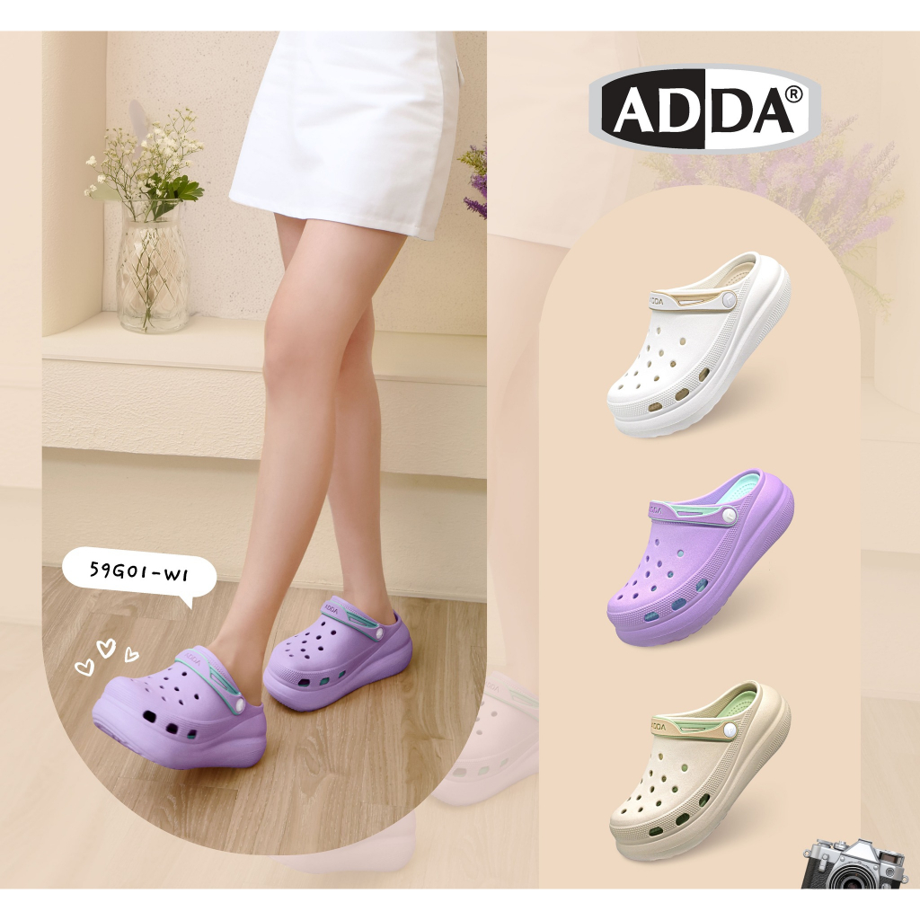 NFSHOES รองเท้าหัวโต พื้นสูง 2.5 นิ้ว ADDA แอ๊ดด้า รุ่น 59G01-W1 SIZE 4-7 หญิง มีสายรัดหลังเพิ่มความกระชับ นุ่ม ใส่สบาย