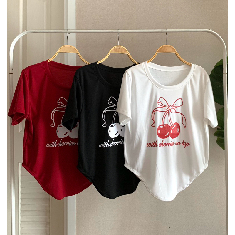 A17 เสื้อยืดคอกลมชายโค้ง ลายเชอรรี่น่ารักๆ ผ้าร่องยืด สาวอวบ อก 38-42 ผู้หญิง