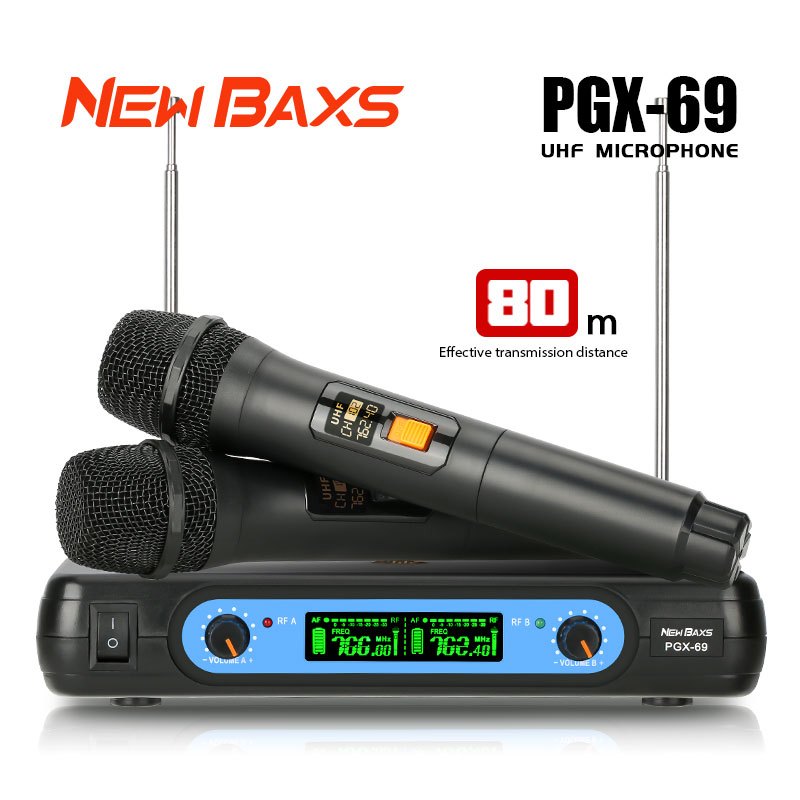 NEW BAXS ไมโครโฟนไร้สาย PGX-69 ไมโครโฟนแบบถือ 1 ใน 2 2 ระยะการร้องเพลง 80 เมตร ความถี่ต่อเนื่อง UHF 