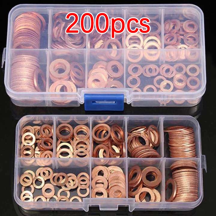200 ชิ ้ นทองแดงเครื ่ องซักผ ้ าปะเก ็ นน ็ อตและชุด Bolt แหวนแบนซีล Assortment ชุดกล ่ อง M4/M5/M6/M8/M10/M12/M14 สําห