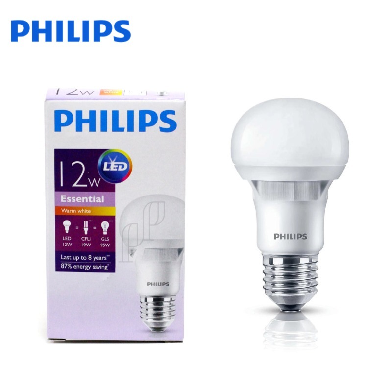 PHILIPS หลอดBULB LED 220V 12W ขั้วเกลียวE27 แสงวอร์ม 1150Lumen ประหยัดไฟ รุ่นESSENTIAL