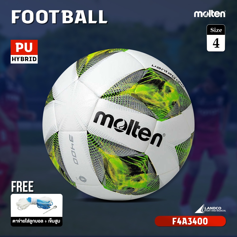 MOLTEN ลูกฟุตบอลหนังเย็บ MOT Football PU pk F4A3400 G (950) แถมฟรี ตาข่ายใส่ลูกฟุตบอล