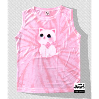 เสื้อแขนกุด สีขาว ผ้าโมโครทอลายรั้งผึ้ง ลายแมวน่ารัก พร้อมส่ง มีไซร้s,m,l,xlเสื้อผู้ใหญ่