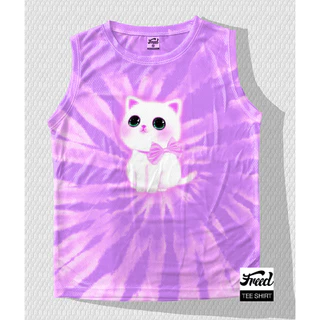 เสื้อแขนกุด สีขาว ผ้าโมโครทอลายรั้งผึ้ง ลายแมวน่ารัก พร้อมส่ง มีไซร้s,m,l,xlเสื้อผู้ใหญ่