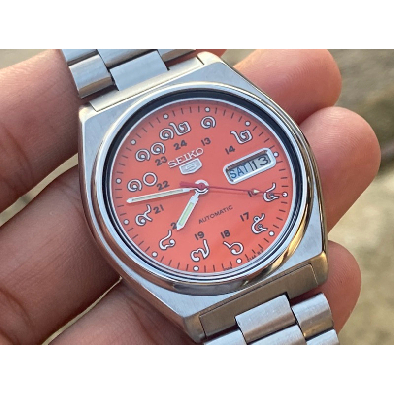 Seiko5 7009 automatic แท้หน้าปัดตัวเลขไทยทรงเหลี่ยมสีส้ม สภาพสวย