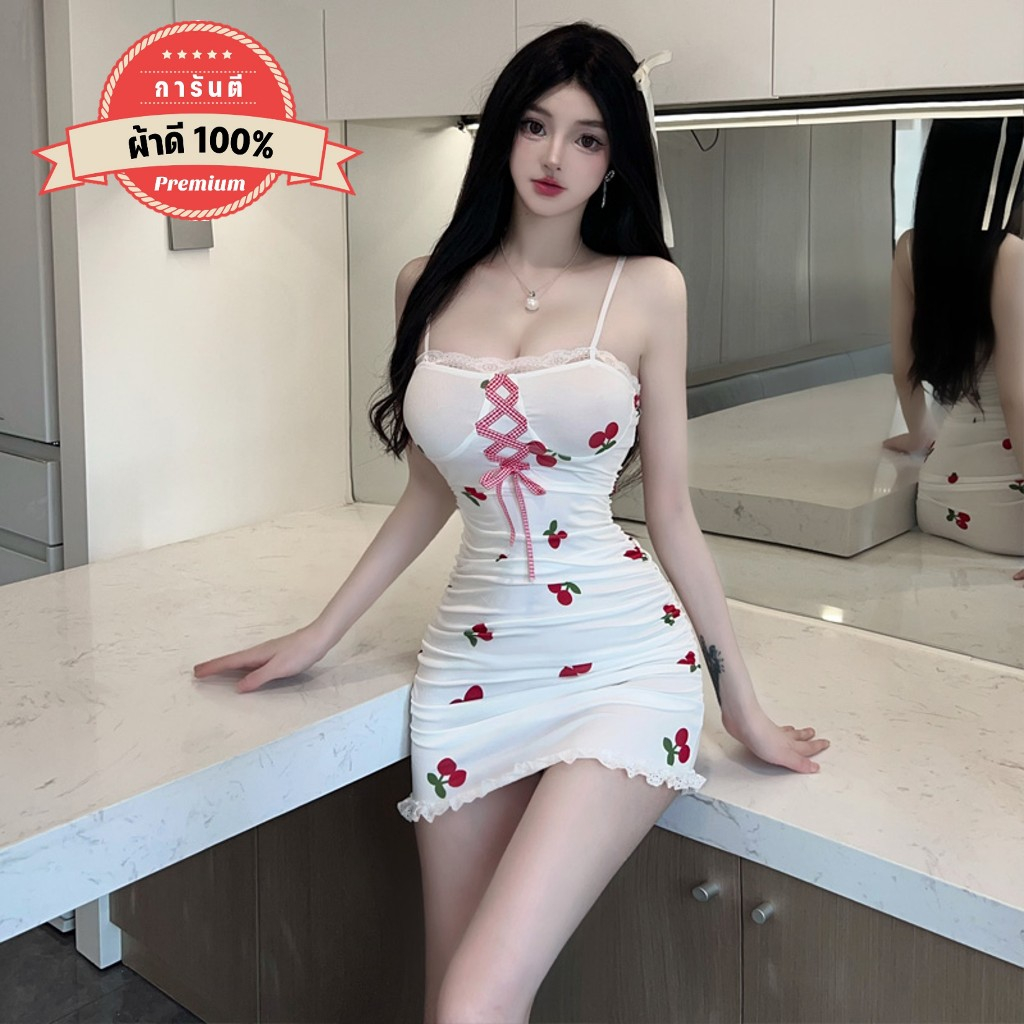 PANDA GIRL ชุดเดรสสั้น เดรสรัดรูป เดรสเข้ารูปเเขนกุด อกเเต่งเชือกสก็อตผูกโบว์ได้ P-912
