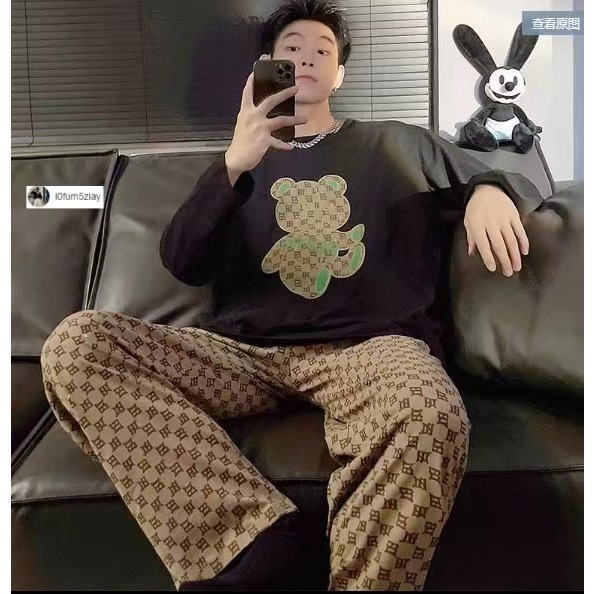 M-4XL ราคาถูกที่สุด ชุดนอนผู้ชาย ชุดนอนผ้าฝ้ายแขนยาว รูปที่ 3