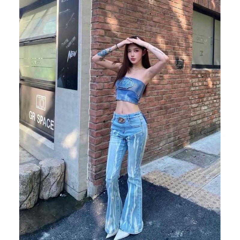NEw สวยเก๋มาเช็กชี่มาก กางเกงยีนส์ขาม้าผ้ายืดเอวสูง ฟอกสีแต่งอะไหล่ด้านหน้าเก๋ๆๆๆ มีซิปด้านข้างผ้านุ่มใส่สบาย