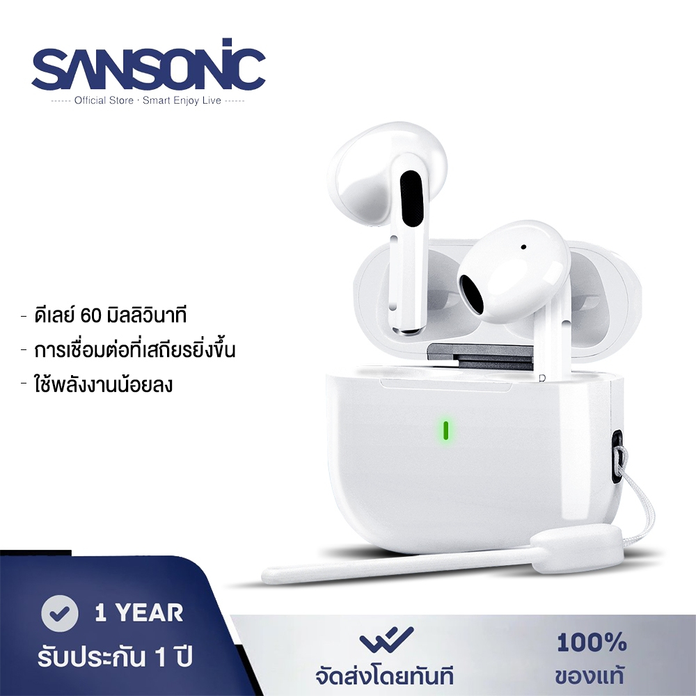 SANSONIC หูฟังบลูทูธ หูฟังไร้สาย Bluetooth หูฟังบลูทูธ 5.3 กันน้ำ IPX4 พร้อมไมโครโฟนในตัว ลดเสียงรบกวนด้วย AI
