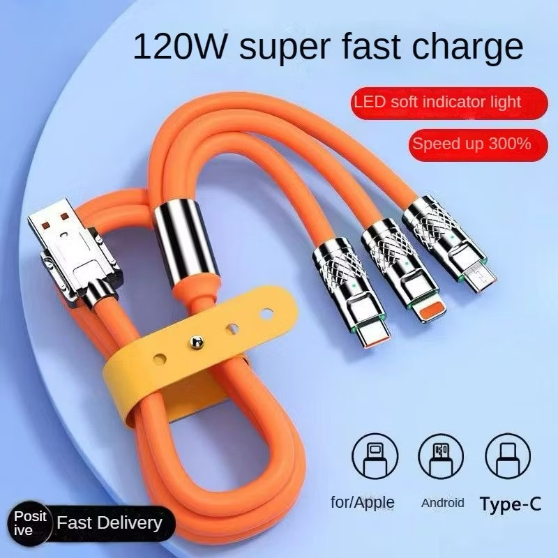 สายชาร์จเร็ว 3 IN 1 รองรับหลายระบบ สูงสุด 120W สายยาว 1.2-2m Type C โอนถ่ายข้อมูลได้