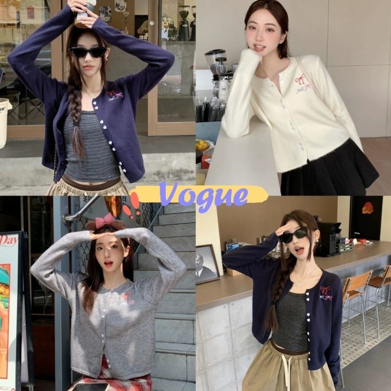 Vogue พร้อมส่ง เสื้อไหมพรมคาดิแกรน กระดุมหัวใจ ดีเทลปักลายโบว์ (Z043)