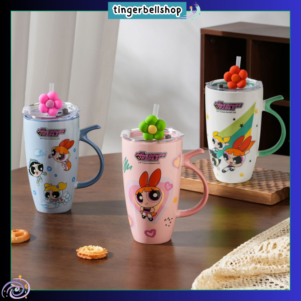 [พร้อมส่ง]แก้วเซรามิค แก้วน้ำลาย powerpuff girl พร้อมฝาปิด แก้วกาแฟขนาดใหญ่ ของขวัญปีใหม่
