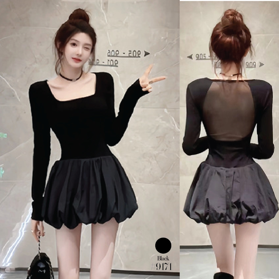 เดรสบอลลูนสีดำ กระโปรงสม็อคชายพองๆ เสื้อซีทรูเซ็กซี่โชว์หลัง ชุดไปเที่ยวกลางคืนลุคลูกคุณหนู #9171