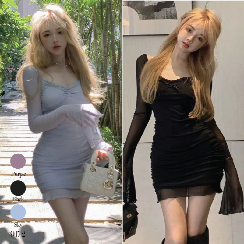 เดรสสั้นแขนกระดิ่ง ผ้าชีฟองมีซับในเต็มตัว กระโปรงสม็อค เสื้อคอวีแต่งลูกไม้ติดโบว์สม็อคกลางอก #9172