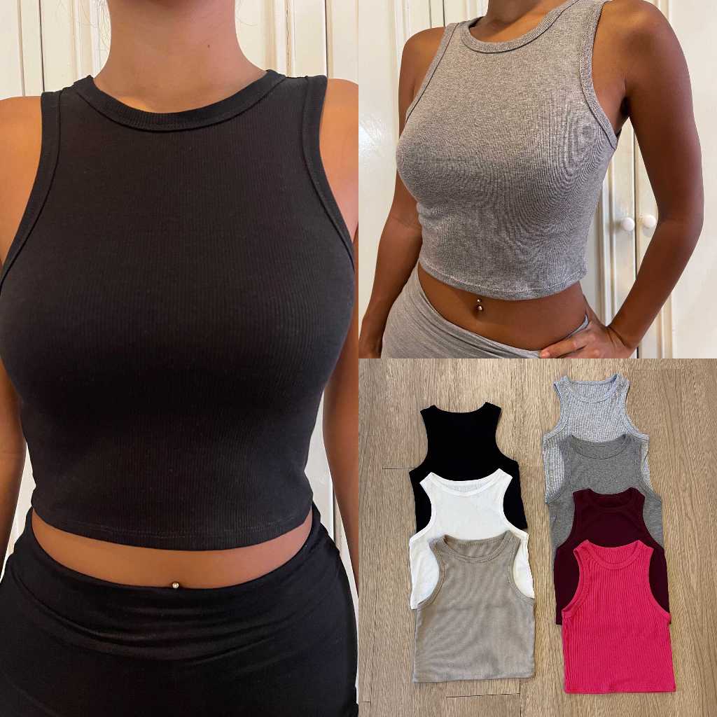 NEW!! เสื้อกล้ามครอป เอวลอย คอกลม ผ้าร่องยืดใส่สบาย